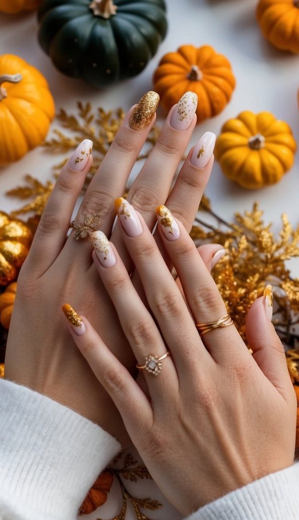 Blush pink nails with gold foil accents, glitter, and amber leaf details create a festive and luxe Thanksgiving nail look.