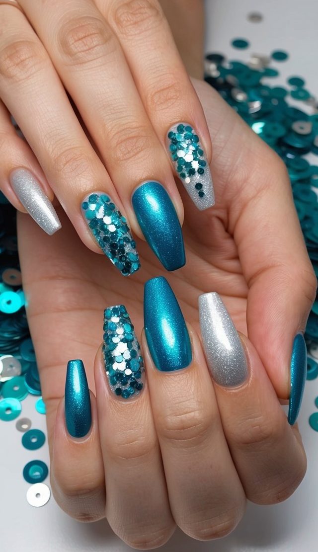 Chrome teal and silver nails paired with chunky sequin accents in turquoise tones, perfect for a festive and bold nail design.