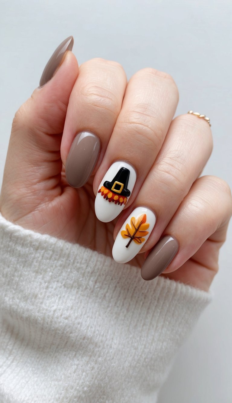 Cute fall nails with mushroom brown polish and detailed pilgrim hat and yellow-orange leaf on white accent nails, perfect for Thanksgiving fun.