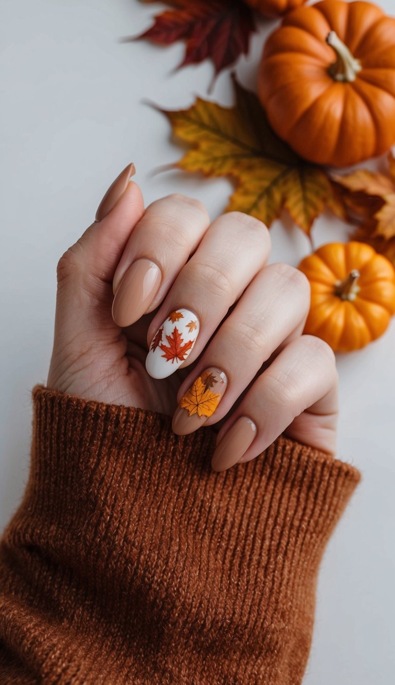 Mocha-toned nails with white accent featuring orange and yellow maple leaves, ideal for a Thanksgiving-inspired natural fall manicure.