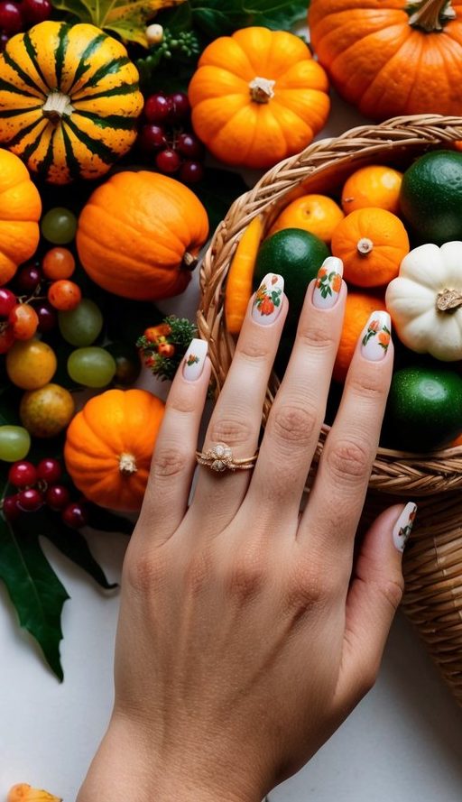White nails decorated with bright orange pumpkins and green leaves, styled for a fun and festive Thanksgiving vibe.