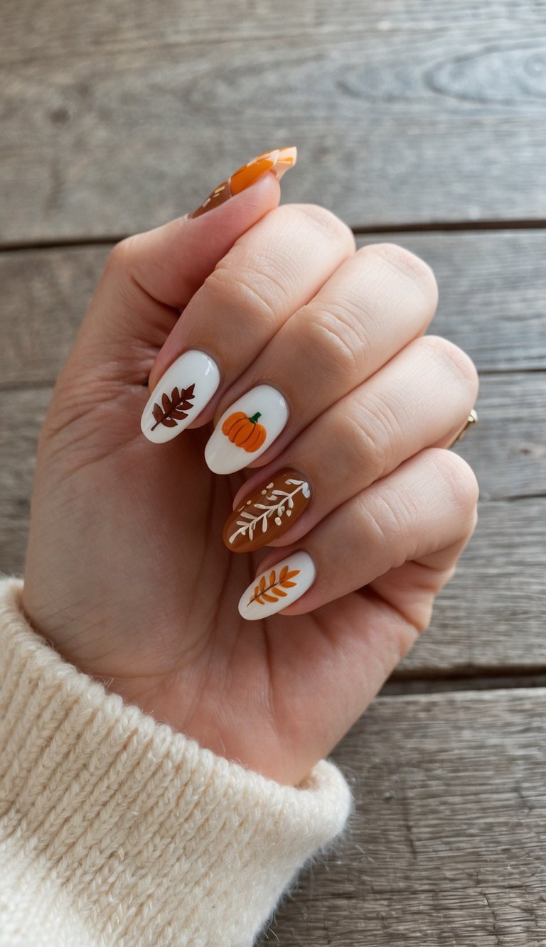 White and brown Thanksgiving nails with painted leaves and a tiny pumpkin, styled for a cozy and festive autumn vibe.