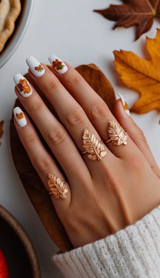 White nails with hand-painted fall leaves in amber and rust, styled with gold rings and pie, perfect for a classy Thanksgiving nail idea.
