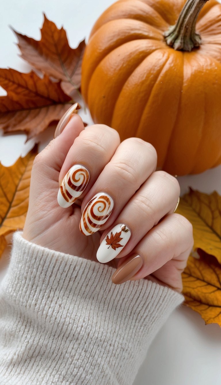 Artistic Thanksgiving nail design with orange spiral swirls and a maple leaf on white, paired with nude mocha tones for fall flair.