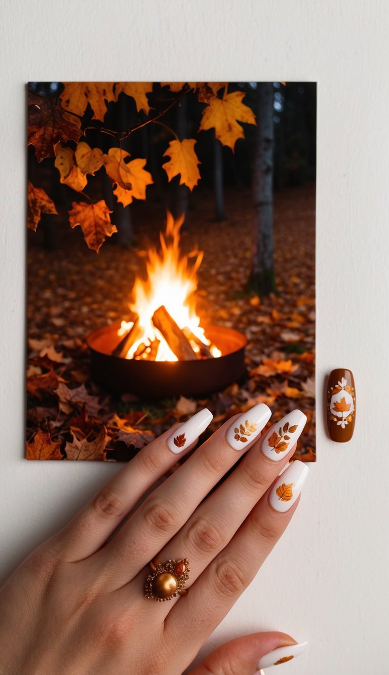 White Thanksgiving nails with delicate autumn leaf art in gold and copper, styled next to a cozy bonfire and golden ring.