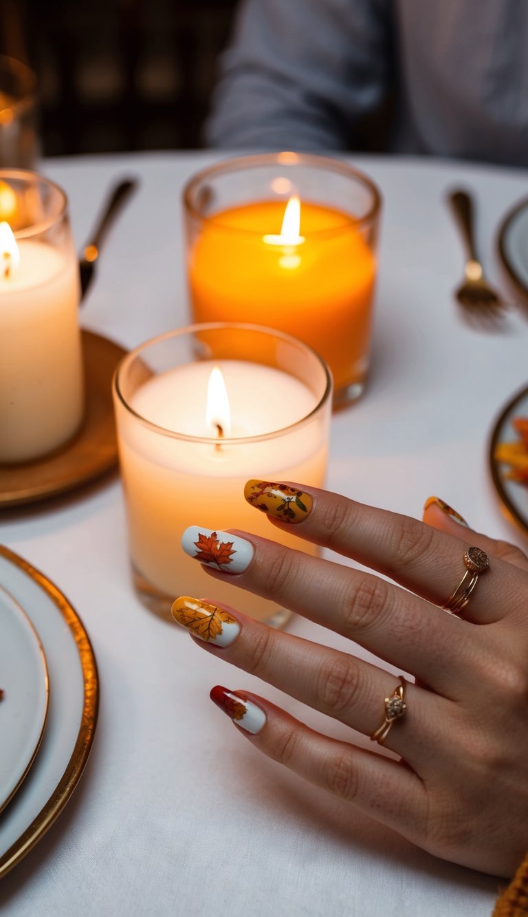 Thanksgiving nails with leaf designs in copper and mustard on a white base, styled beside flickering candles and a holiday dinner setting.