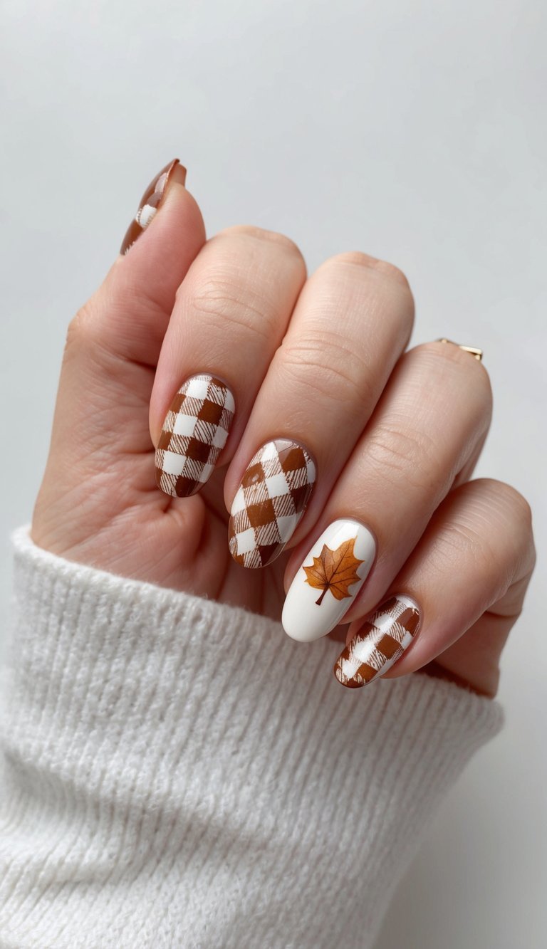 Minimalist Thanksgiving nails with white and brown plaid designs and a clean maple leaf accent for a crisp autumn aesthetic.