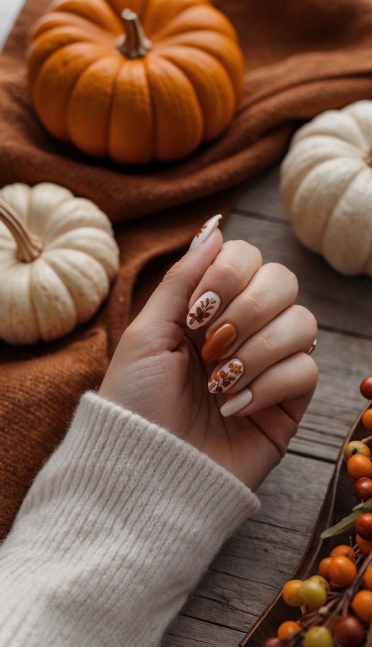 Creamy and orange Thanksgiving nails with hand-painted fall leaves, styled against white and orange pumpkins for a soft seasonal look.