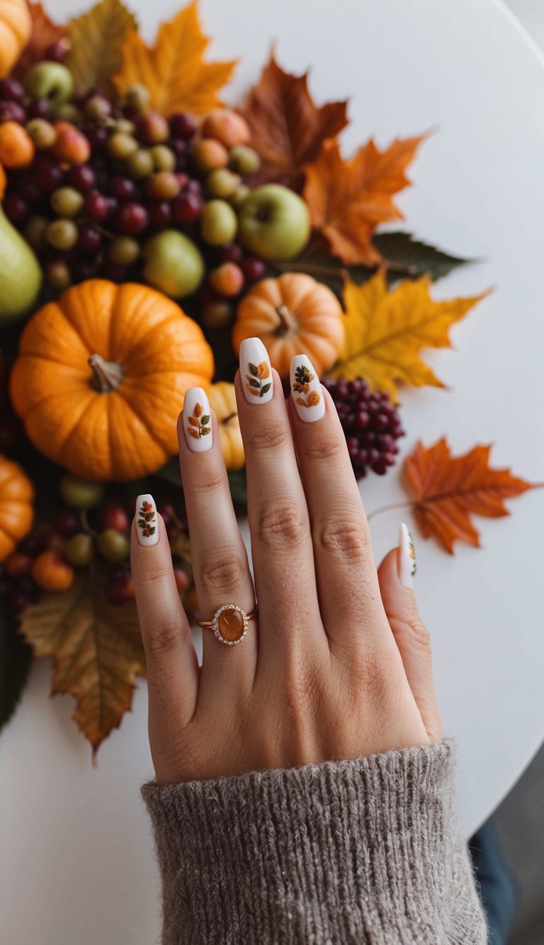 White nails with miniature fall leaf art in orange, green, and brown, styled beside pumpkins and grapes for a refined Thanksgiving look.