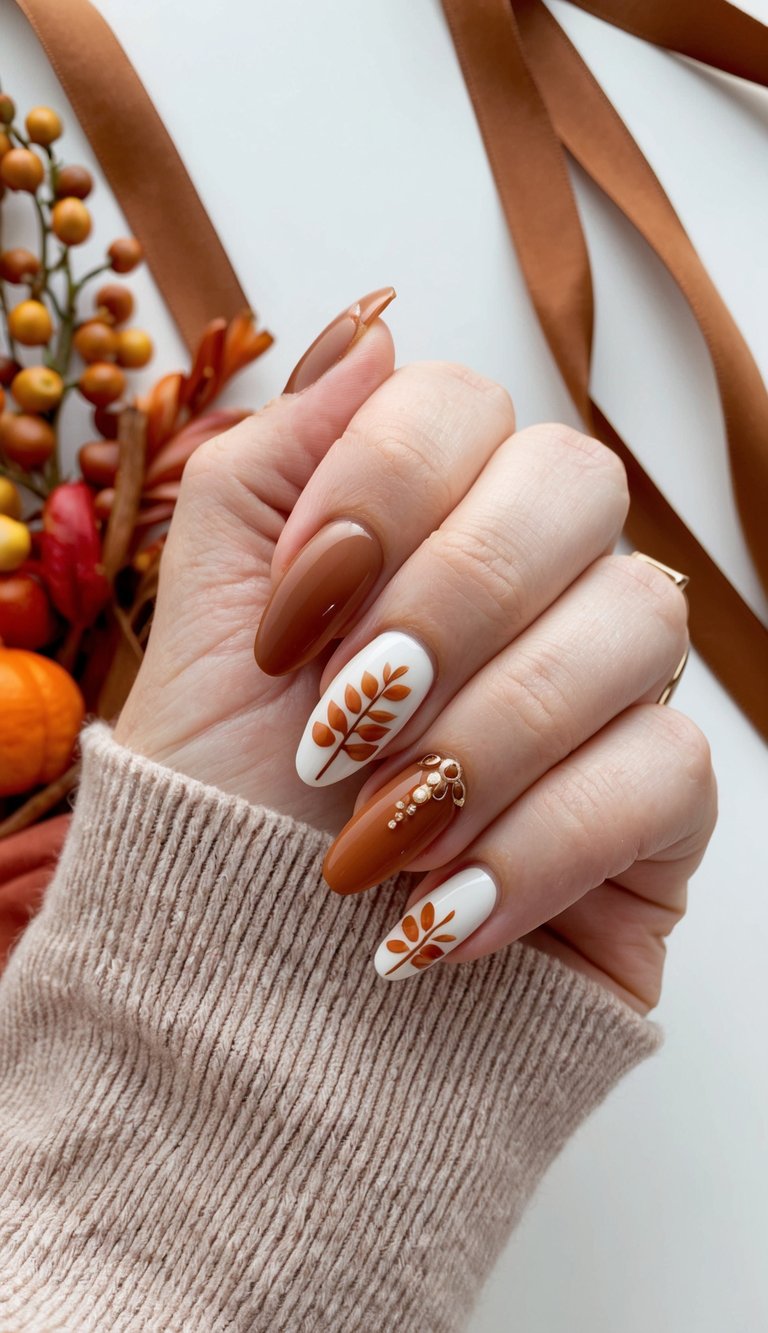 Thanksgiving nails with caramel brown and white polish featuring gold embellishments and minimalist orange branch designs for a chic fall style.