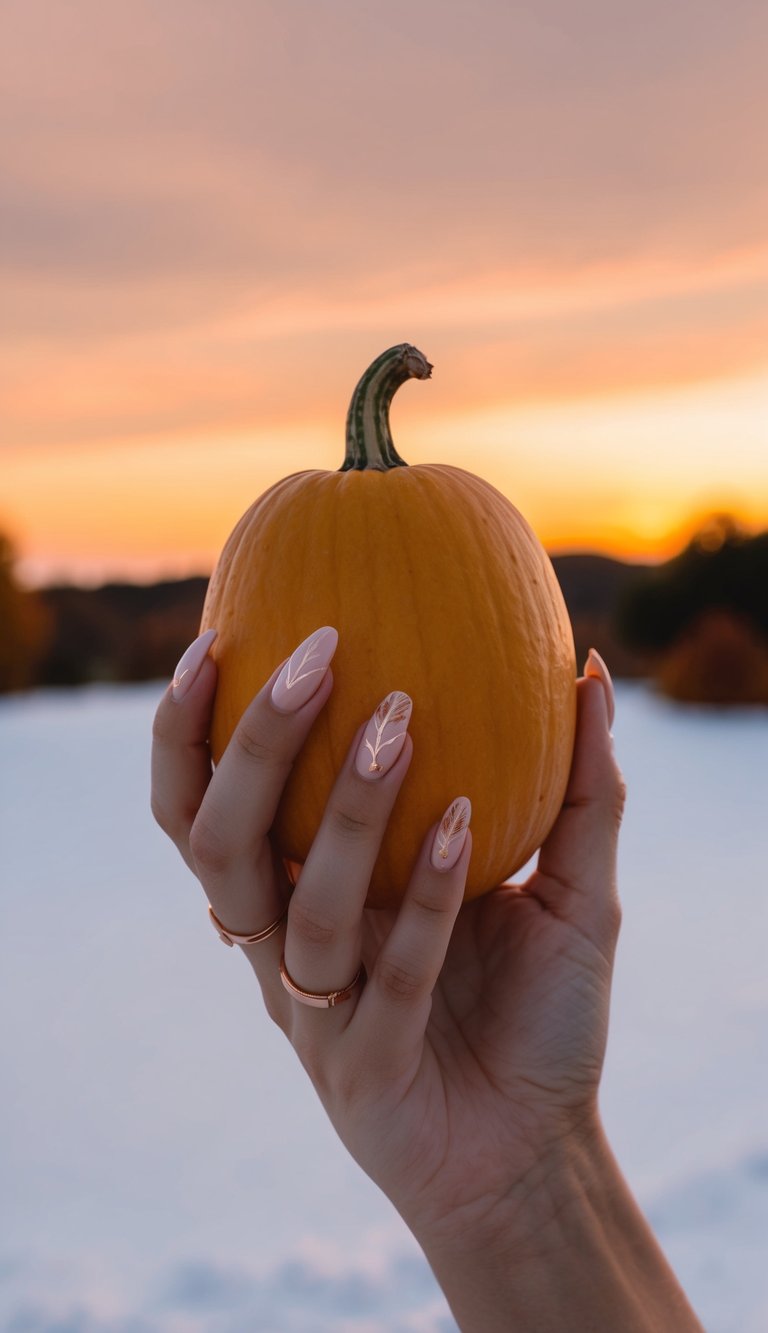 Romantic nail art featuring golden leaves on soft pink polish, set against a golden hour pumpkin scene with snowy fields and sunset skies.