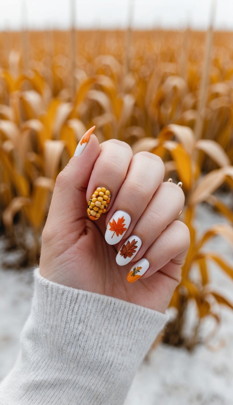 Thanksgiving nails with candy corn tips, a 3D corn cob design, and autumn leaves, held up in a golden cornfield for a playful fall look.