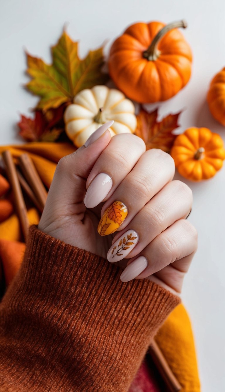 Blush Thanksgiving nails with cinnamon and orange leaf designs, styled with pumpkins, cinnamon sticks, and cozy knitwear for a seasonal look.