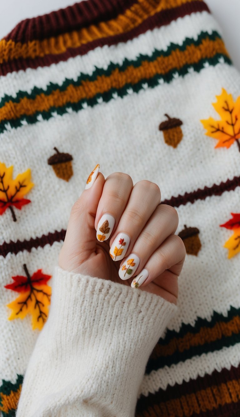 Hand-painted Thanksgiving nail art with detailed leaves on a white base, paired with a bold autumn sweater full of leaves and acorns.