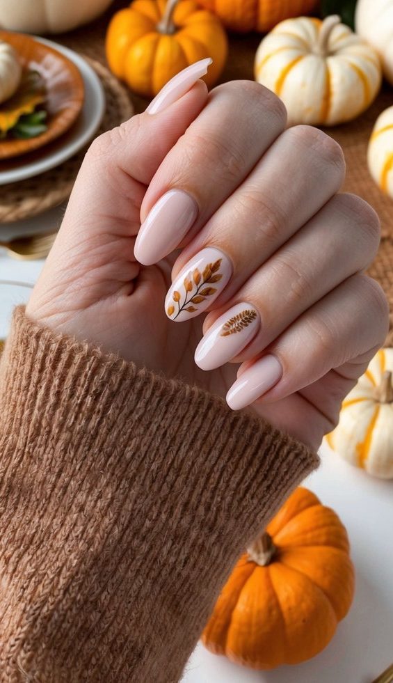 Blush Thanksgiving nails with delicate amber leaf art, styled with white and orange pumpkins on a festive fall table setting.