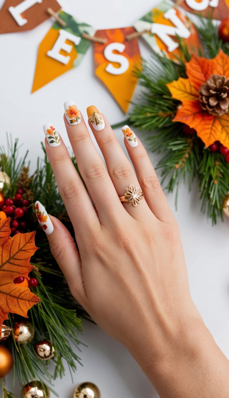 Thanksgiving nails with fall flowers, golden leaf accents, and white polish, styled with festive greenery and a “Blessings” banner.