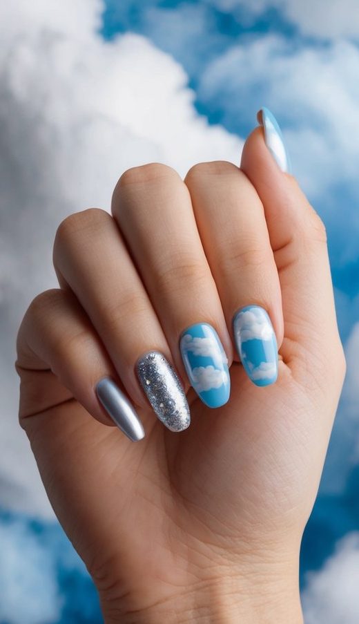 Sky-blue nails with soft cloud designs alongside silver metallic and glitter accents, creating a dreamy and airy manicure.