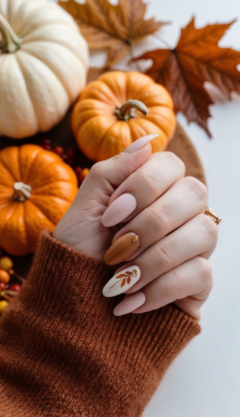 Neutral Thanksgiving nail art with caramel tones and a painted leaf branch on white, surrounded by mini pumpkins and cozy textures.