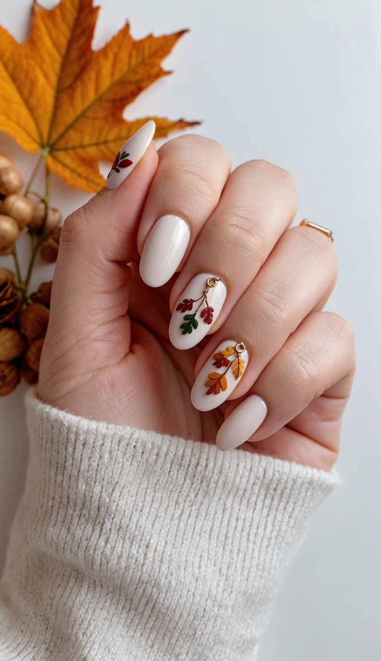 Thanksgiving nails in a white almond shape with dangling gold-accented fall leaves in red, green, and mustard tones for an elegant autumn vibe.