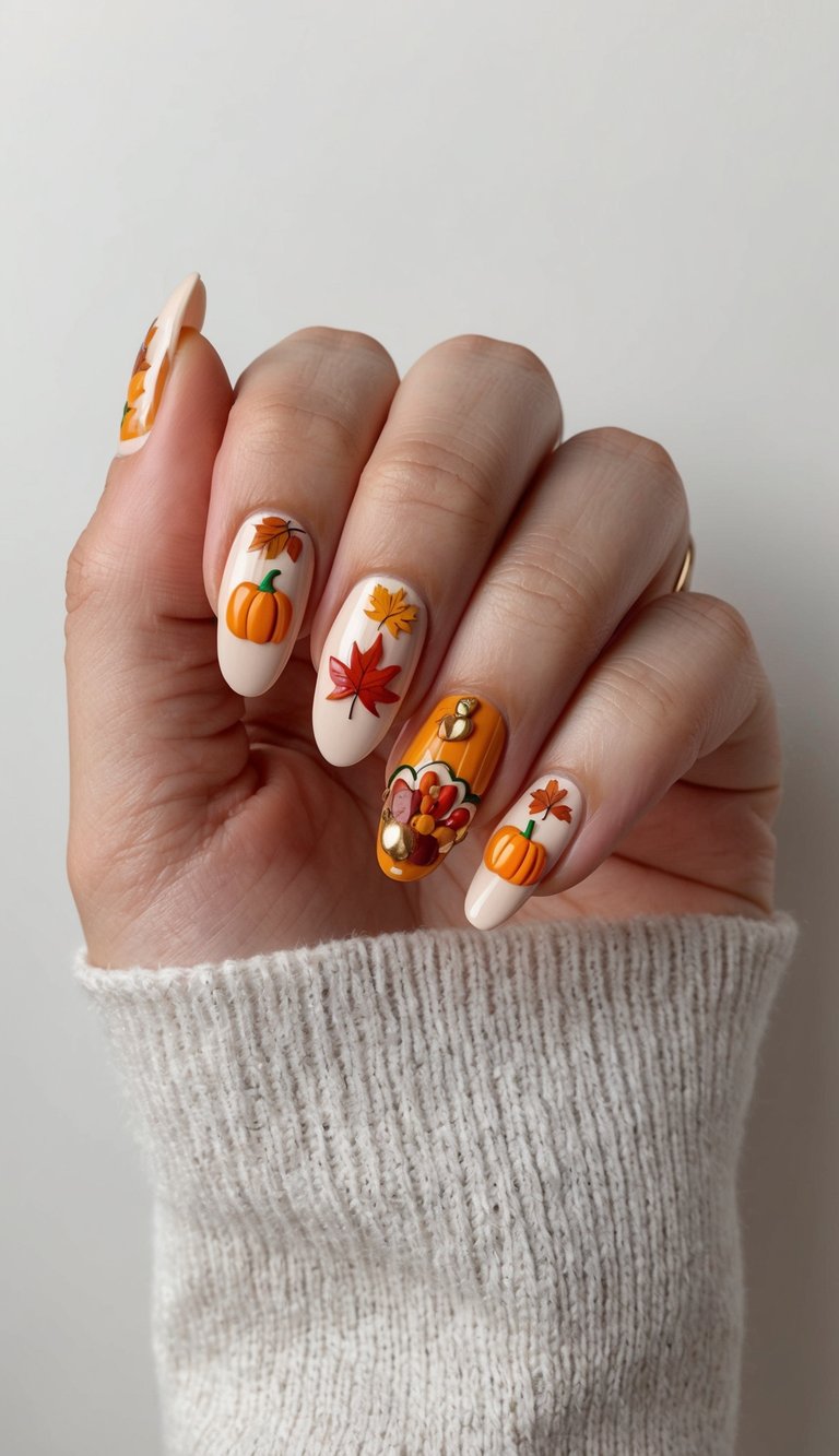 Thanksgiving nails with pumpkins, autumn leaves, and a vibrant 3D cornucopia design on cream and orange backgrounds.