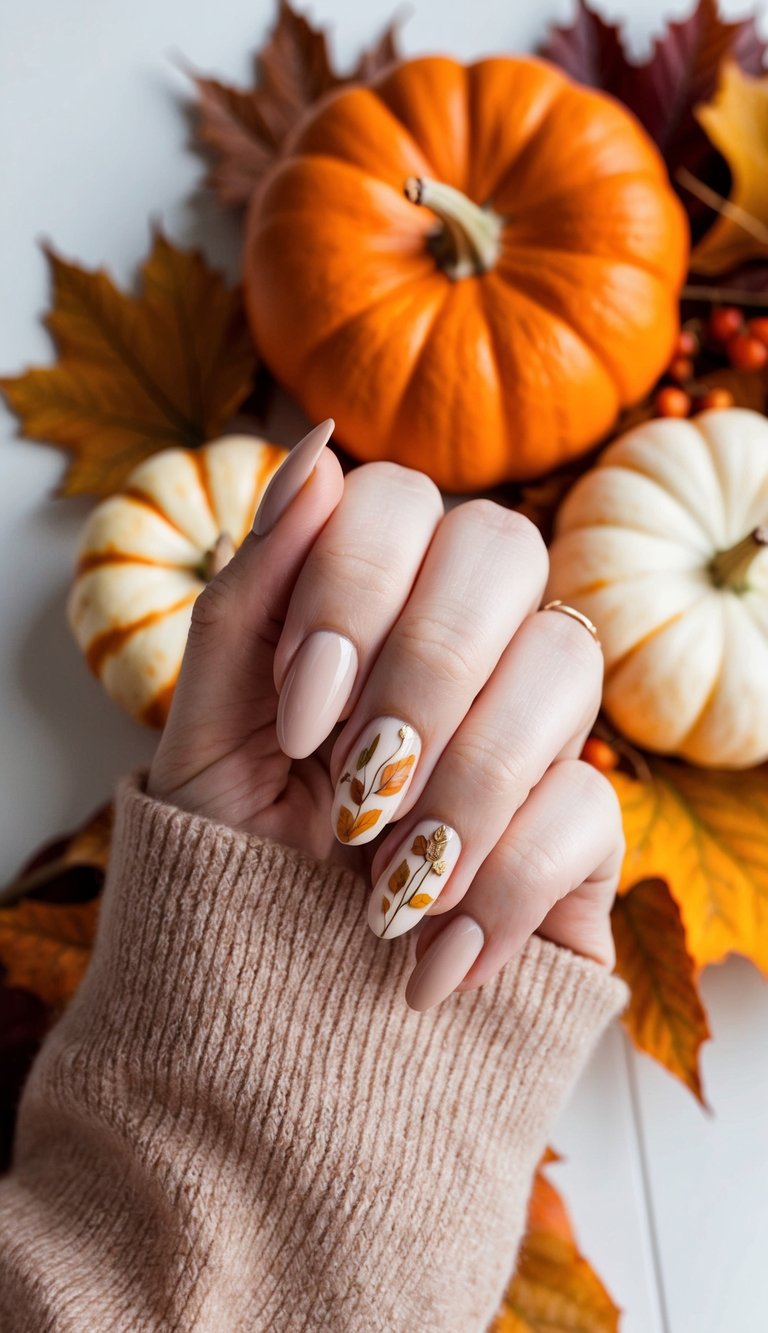 Thanksgiving nails with taupe polish and white accents featuring fall branches in orange, gold, and green, styled with pumpkins and maple leaves.