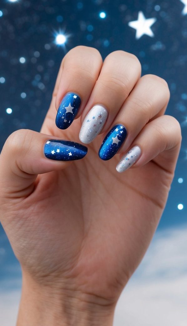Cobalt to navy blue gradient nails paired with sparkling silver and star embellishments for a celestial nail art design.