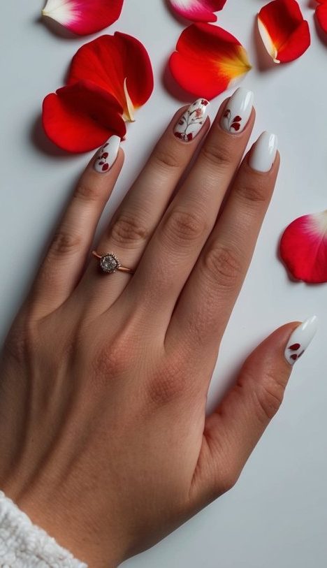 Close-up of white nails featuring red floral accents and thin branch detailing for a soft, feminine effect.