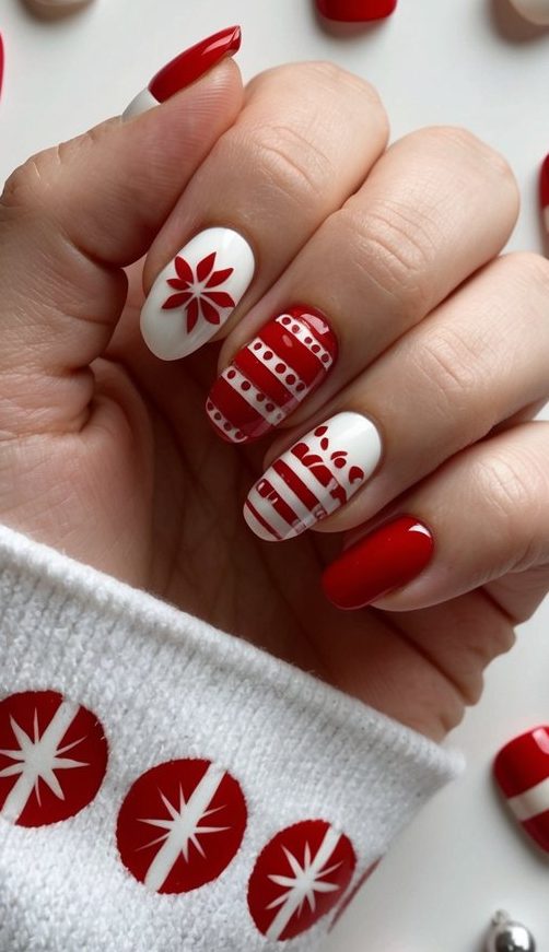 Close-up of red and white holiday nails with graphic florals and striped patterns that resemble wrapped gifts and seasonal decorations.