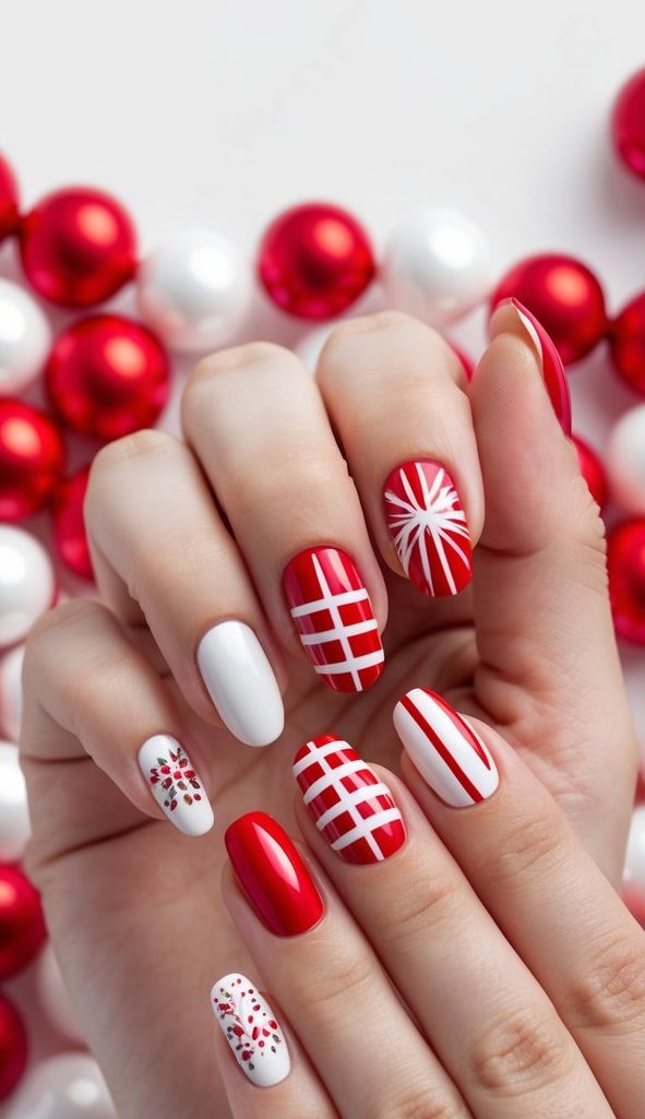 Close-up of red and white nails featuring a mix of floral dot clusters, bold stripes, and grid-like designs for a vibrant holiday look.