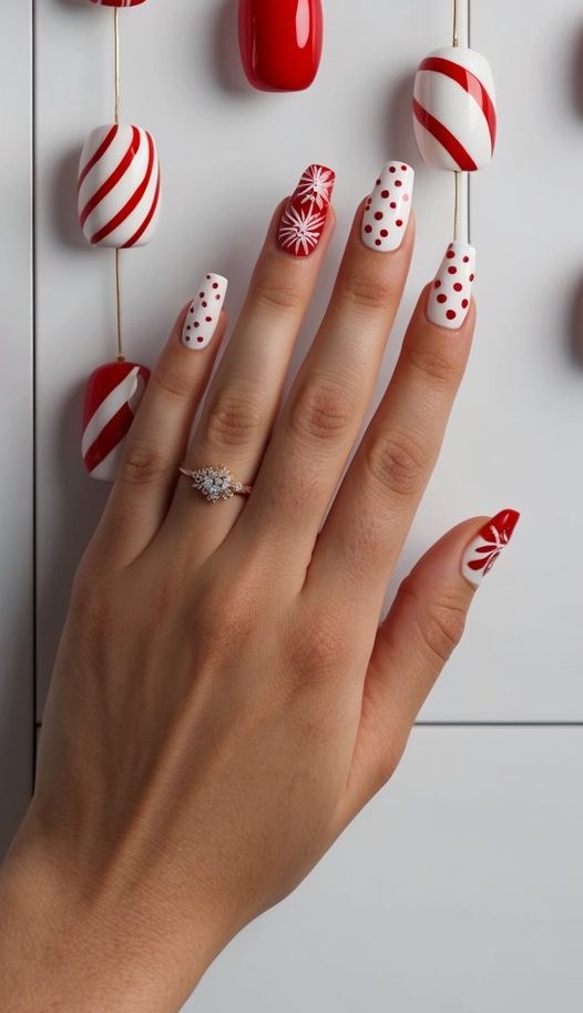 Holiday nails with red and white designs featuring candy cane stripes, polka dots, and snowflake-style bursts for a festive and fun look.