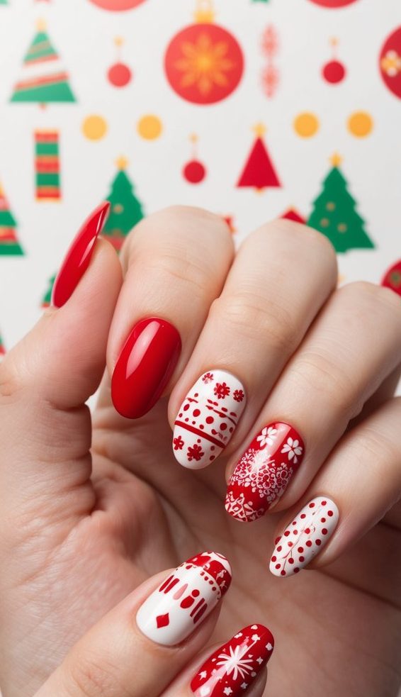 Red and white nails featuring holiday-themed designs like snowflakes, dots, and sweater-style patterns against a festive backdrop.