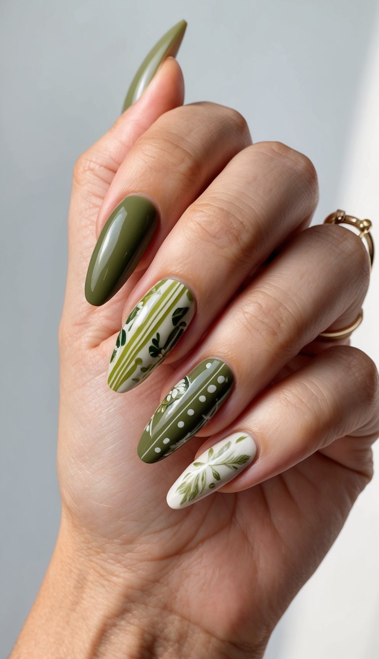 Hand with olive green nails featuring striped, floral, and polka dot designs in white and leafy tones for a whimsical garden-inspired look.