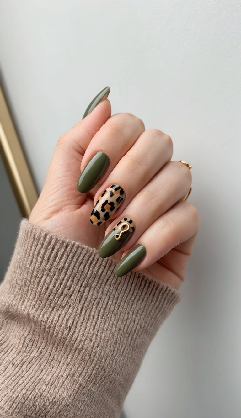 Hand with deep olive green nails featuring a soft leopard-print accent and a gold loop, creating a sleek, modern manicure.