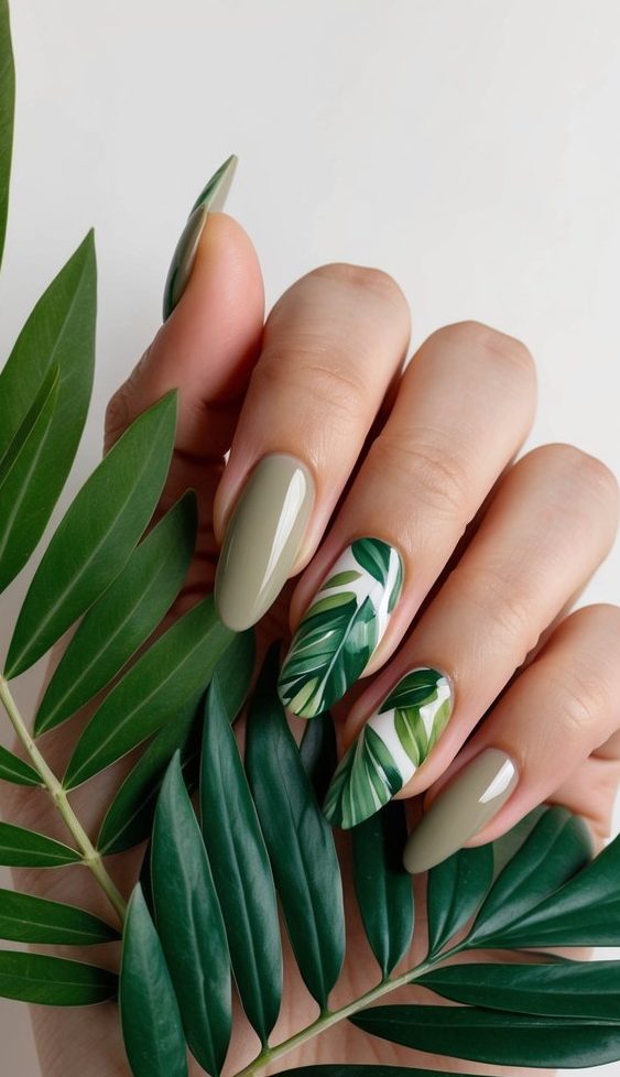 Close-up of hands featuring olive green nails with detailed tropical leaf art in layered green tones on accent nails.