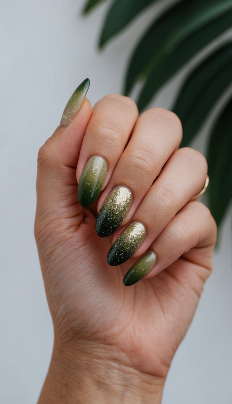 Soft green-to-dark gradient nails topped with floating gold glitter, evoking a forest-inspired ethereal look.