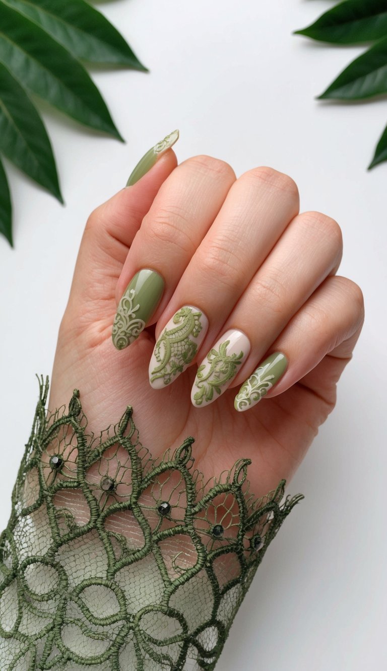 Close-up of hand with matte olive and cream nails, featuring delicate lace-style patterns in sage green for a vintage-inspired look.