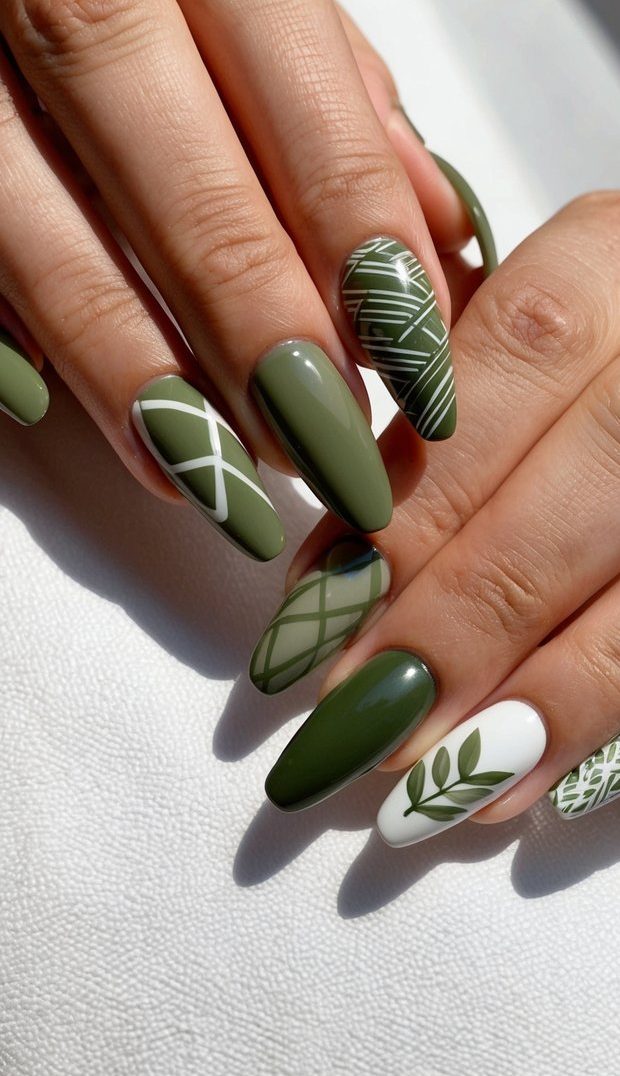 Glossy olive green nails with white and green geometric patterns, paired with a minimalist leaf design on a white base.