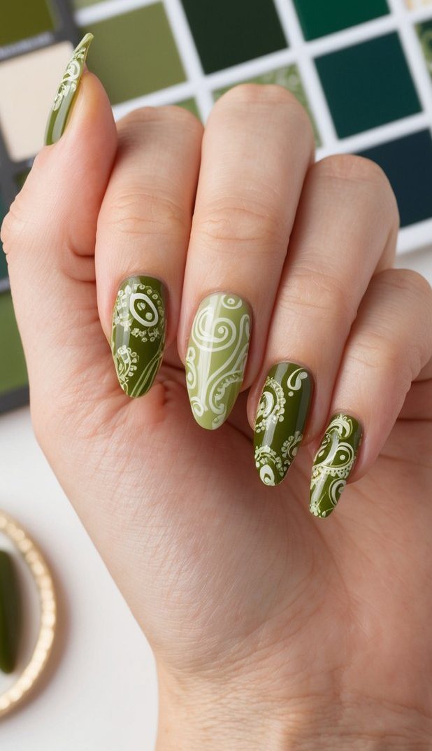 Olive-toned nails decorated with vintage white paisley prints and fine line swirls over soft and deep green backgrounds.