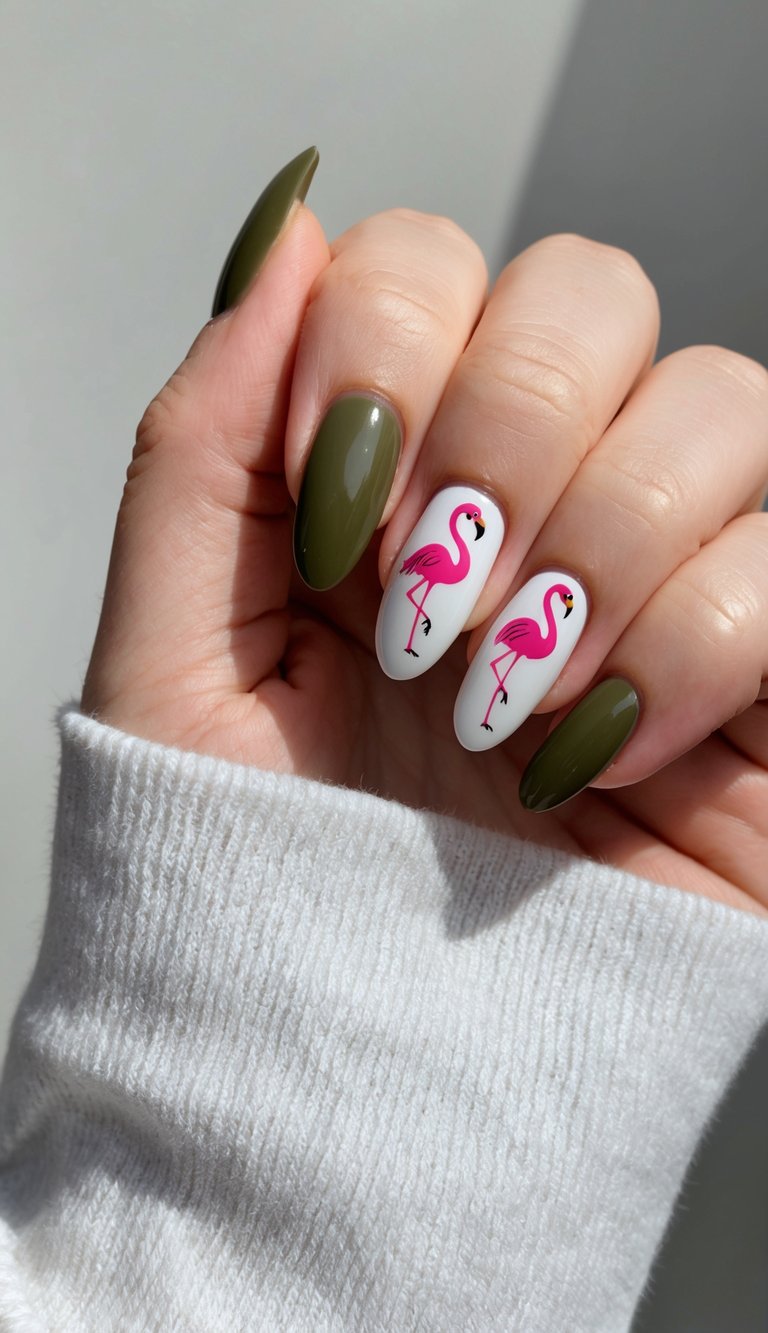 Glossy olive green nails paired with white accent nails featuring vibrant pink flamingo art for a tropical pop.