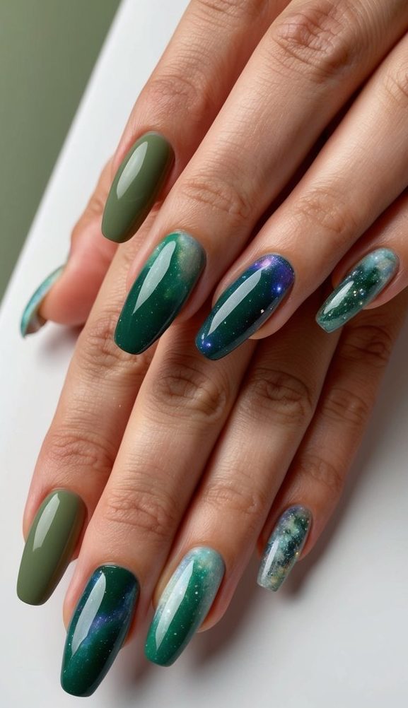 Glossy olive and cosmic-themed nails with swirling galaxy art in deep green, blue, and purple hues accented by starlike shimmer.