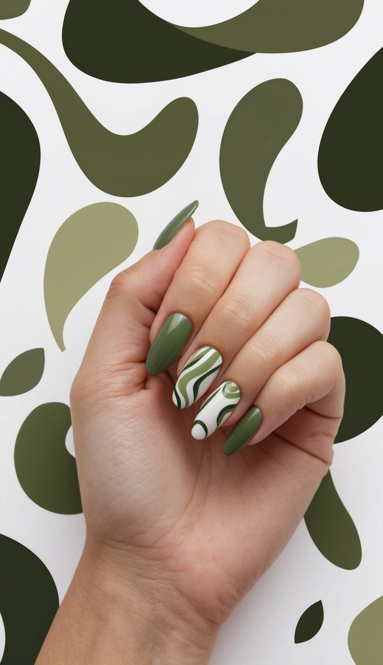 Minimalist olive green nails with white swirl patterns and a dot accent on a neutral base for a clean, modern look.