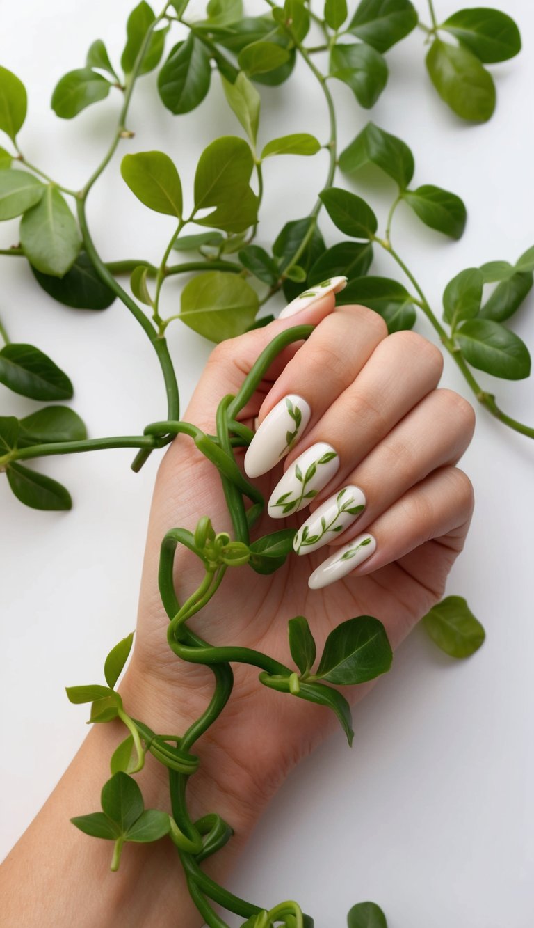 Lush olive green vines winding around a set of elegant nails