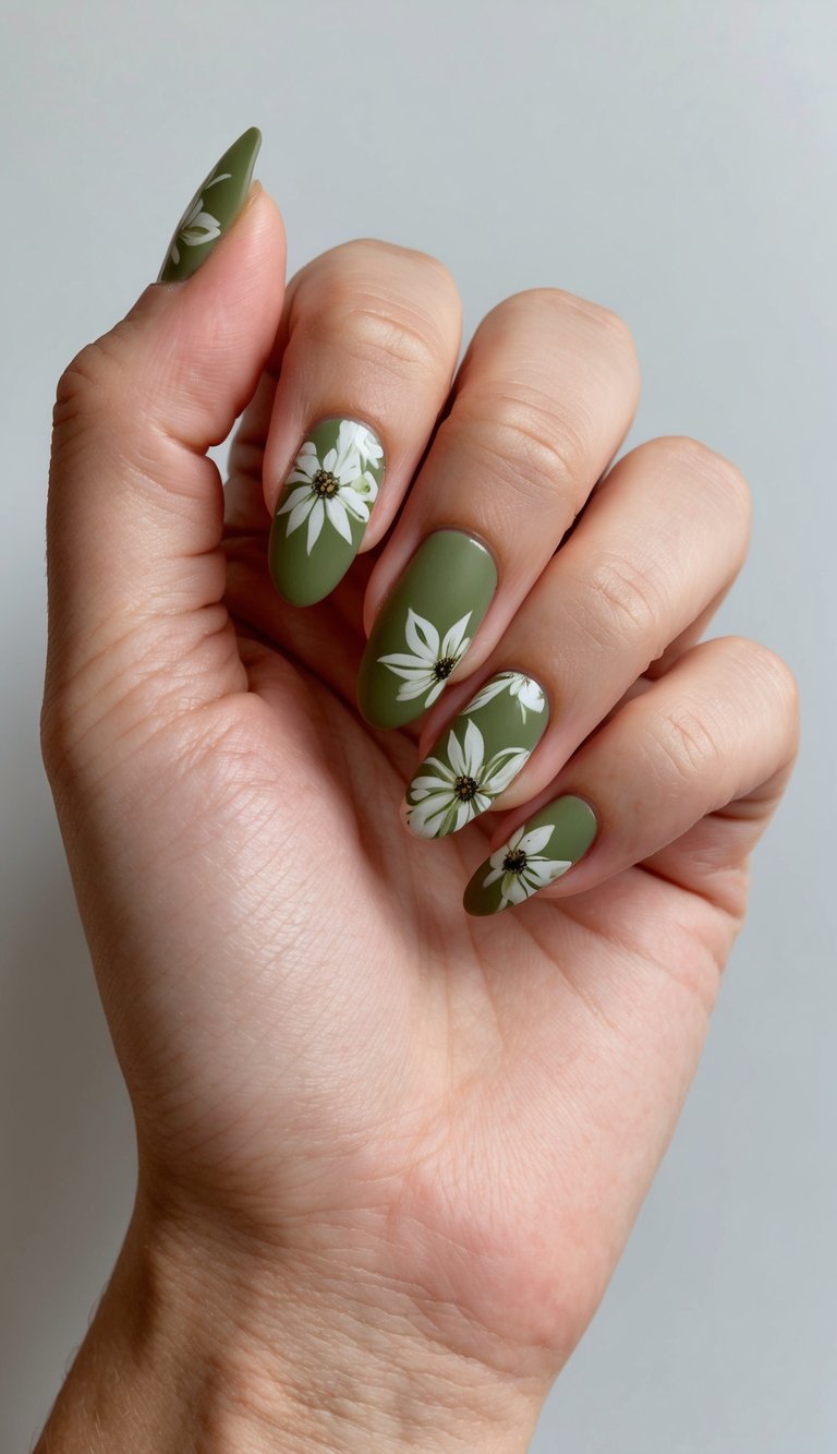A close-up of olive green floral nail art on a matte background