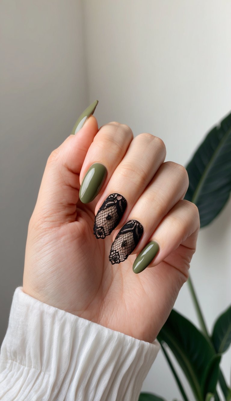 An elegant olive green nail adorned with black lace overlay, set against a chic backdrop
