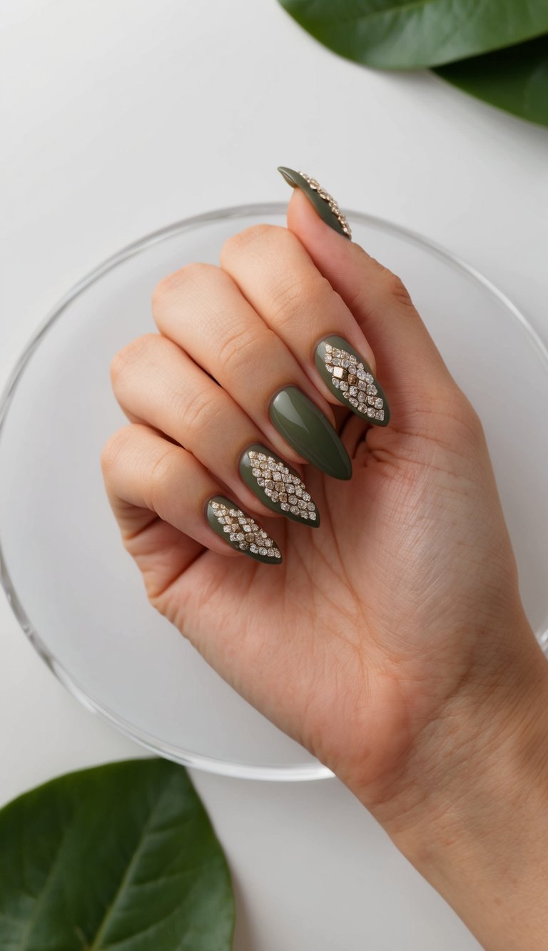 An elegant diamond-studded olive green nail art design on a clear, glossy surface