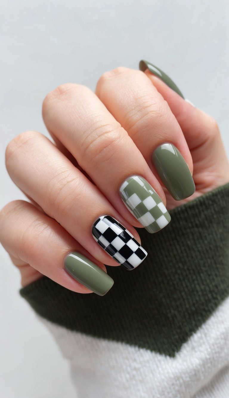 Glossy olive green nails paired with black-and-white and olive-and-white checkerboard accent patterns for a trendy, edgy manicure.
