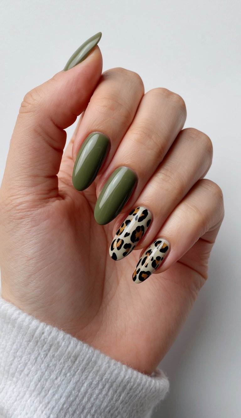 Glossy olive green nails with beige accent nails featuring detailed leopard print spots in brown and black for a wild yet polished look.