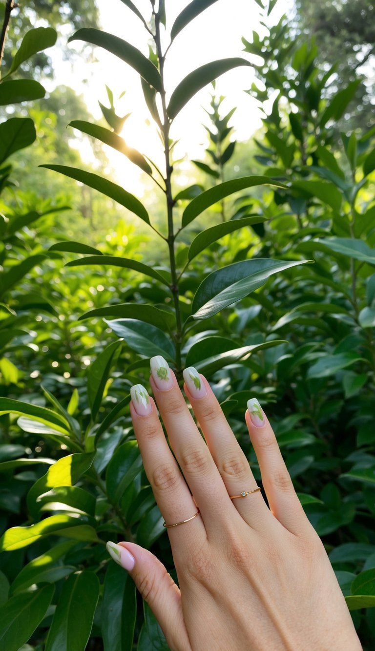 Hand with translucent nude nails adorned with soft green leaf art, held up against a lush green garden background.
