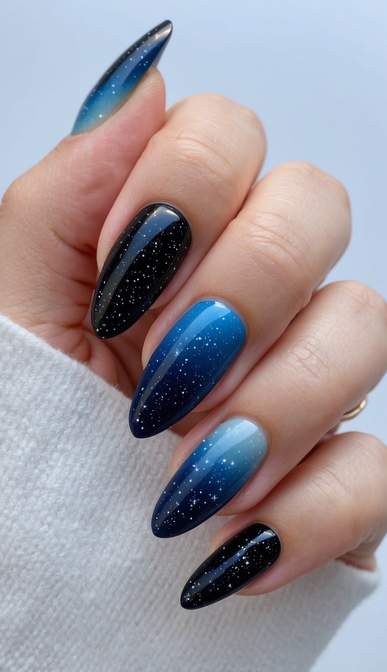 Almond nails with a gradient from black to navy blue, covered in tiny white specks resembling stars, evoking a night sky effect.