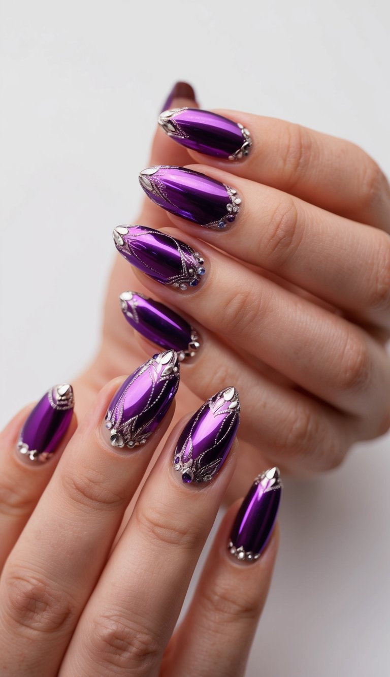 A close-up of purple chrome nails with intricate designs and shimmering details